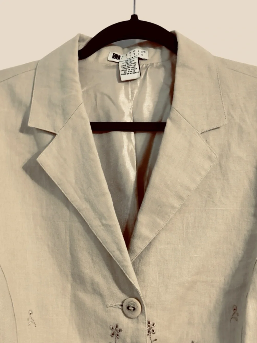 Carole Little Linen Embroidered Blazer Jacket Tan Button Front Floral Eyelet 16W